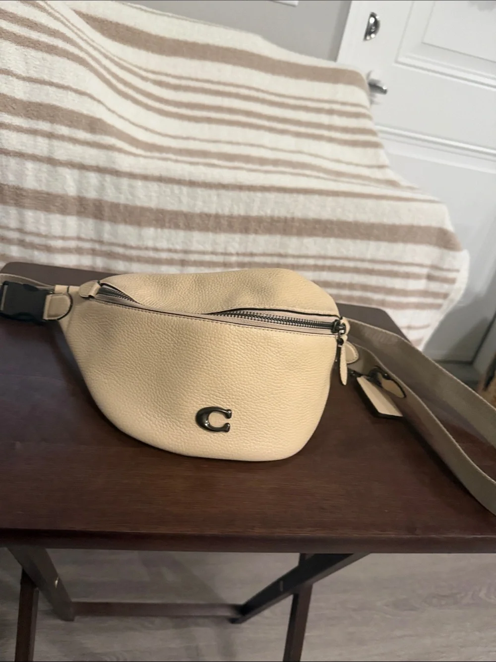 Coach Pebbled Leather Crossbody Belt Bag in Light Beige and Brown Strap